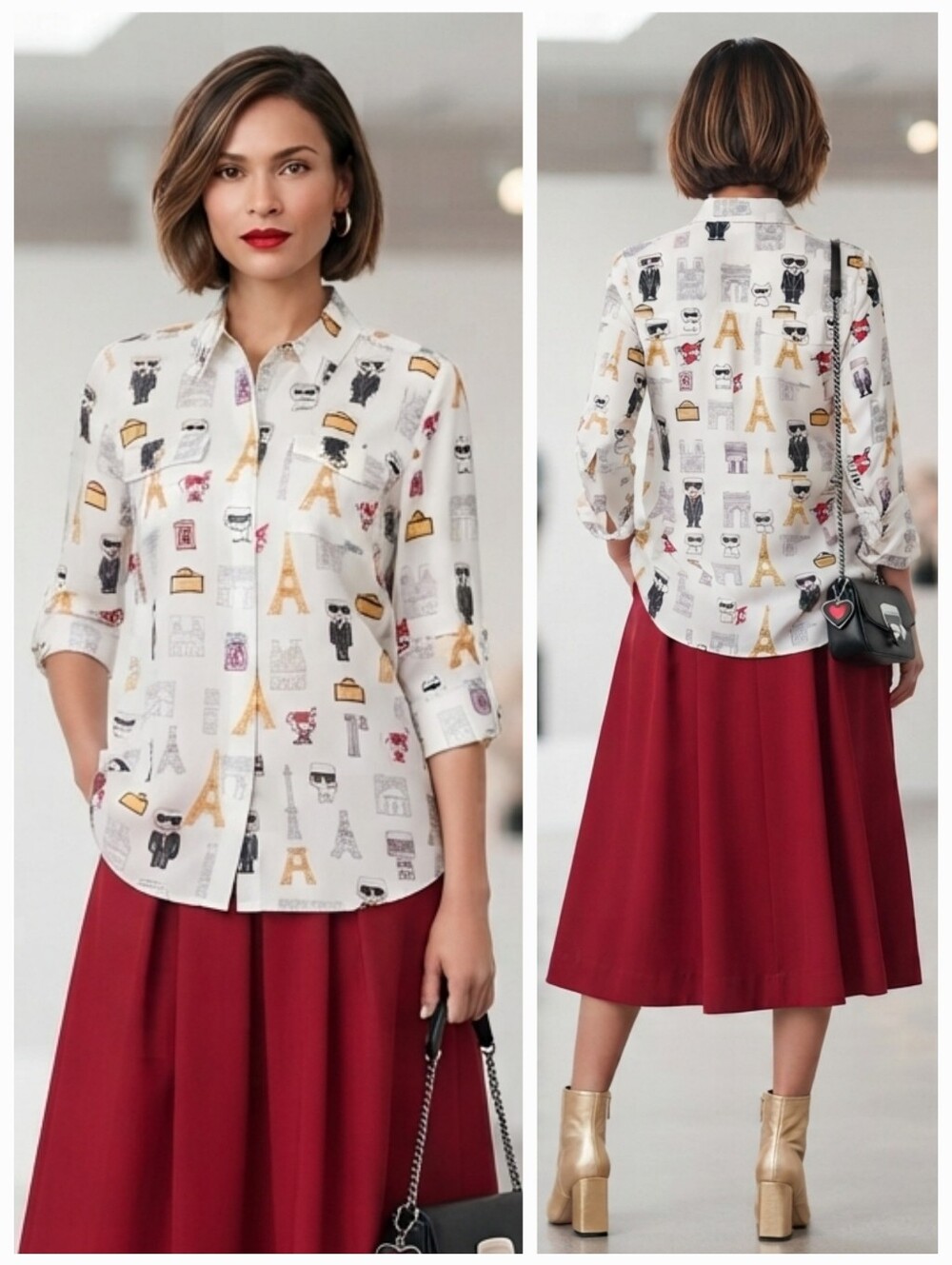 NWOT Karl Lagerfeld Paris Graphic Tunic Blouse XL Eclectic Retro Cats Whimsical
